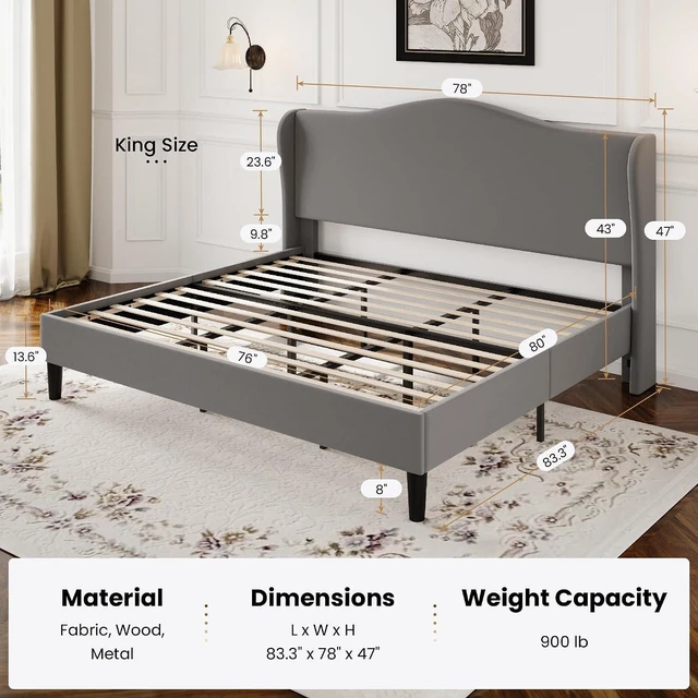 Alt view image 3 of 7 - King Size Velvet Platform Bed Frame with Elegant Wingback Headboard, Modern & Luxurious Design, Sturdy Wooden Slats, No Box Spring Required, Easy Assembly, Noise-Free, Soft Grey