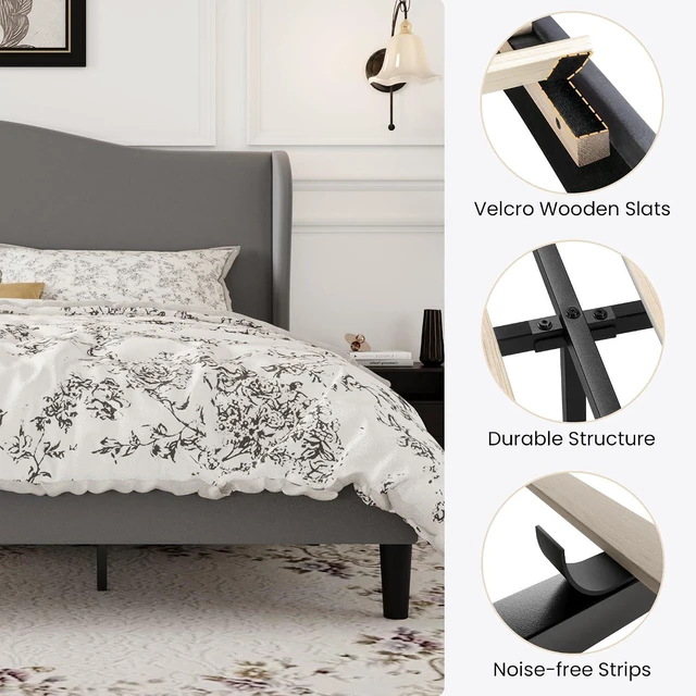 Alt view image 7 of 7 - King Size Velvet Platform Bed Frame with Elegant Wingback Headboard, Modern & Luxurious Design, Sturdy Wooden Slats, No Box Spring Required, Easy Assembly, Noise-Free, Soft Grey