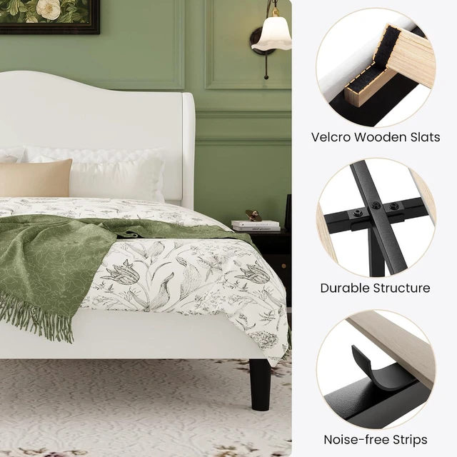 Alt view image 4 of 7 - Full Size Velvet Platform Bed Frame with Elegant Wingback Headboard, Modern & Luxurious Design, Sturdy Wooden Slats, No Box Spring Required, Easy Assembly, Noise-Free, Soft White