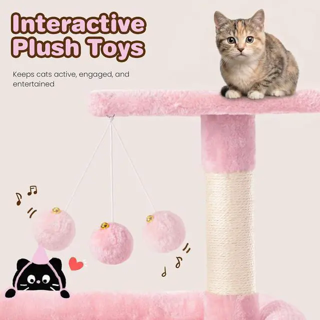 Alt view image 4 of 7 - 82 inch Cat Tree Tower, Multi-Level Cat Condo with Plush Perches, Sisal Scratching Posts, Hammock and Toys, Stable Cat Tower for Kittens and Adult Cats, Pink