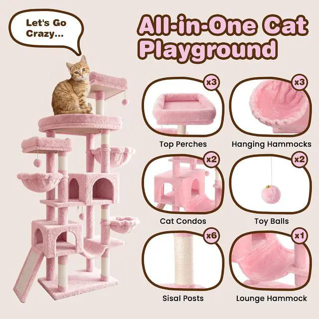 Alt view image 3 of 7 - 82 inch Cat Tree Tower, Multi-Level Cat Condo with Plush Perches, Sisal Scratching Posts, Hammock and Toys, Stable Cat Tower for Kittens and Adult Cats, Pink