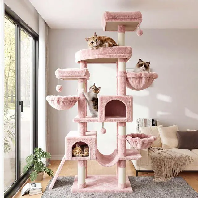Alt view image 2 of 7 - 82 inch Cat Tree Tower, Multi-Level Cat Condo with Plush Perches, Sisal Scratching Posts, Hammock and Toys, Stable Cat Tower for Kittens and Adult Cats, Pink
