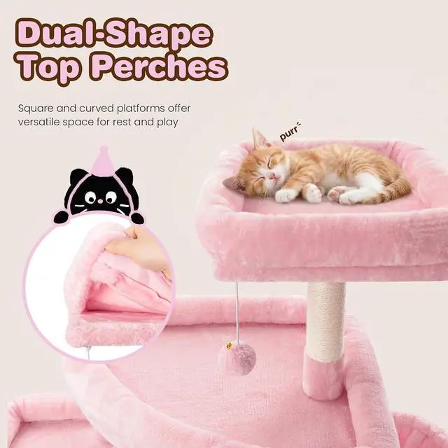 Alt view image 5 of 7 - 82 inch Cat Tree Tower, Multi-Level Cat Condo with Plush Perches, Sisal Scratching Posts, Hammock and Toys, Stable Cat Tower for Kittens and Adult Cats, Pink