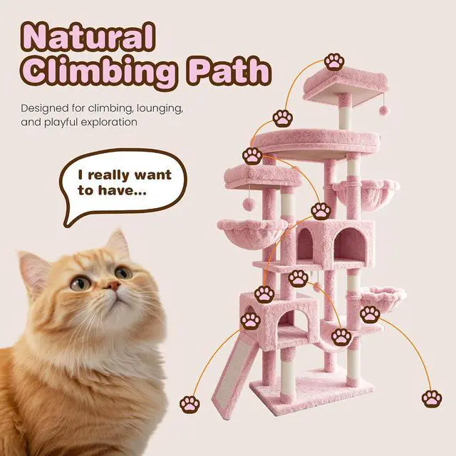 Alt view image 7 of 7 - 82 inch Cat Tree Tower, Multi-Level Cat Condo with Plush Perches, Sisal Scratching Posts, Hammock and Toys, Stable Cat Tower for Kittens and Adult Cats, Pink