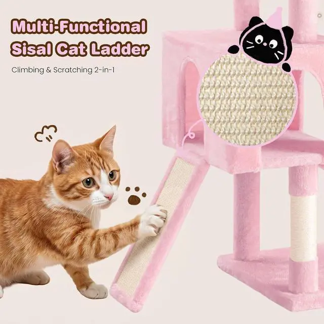 Alt view image 6 of 7 - 82 inch Cat Tree Tower, Multi-Level Cat Condo with Plush Perches, Sisal Scratching Posts, Hammock and Toys, Stable Cat Tower for Kittens and Adult Cats, Pink