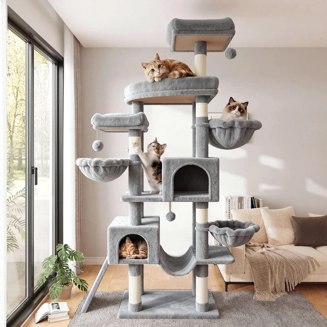 Alt view image 2 of 7 - 82 inch Cat Tree Tower, Multi-Level Cat Condo with Plush Perches, Sisal Scratching Posts, Hammock and Toys, Stable Cat Tower for Kittens and Adult Cats, Grey