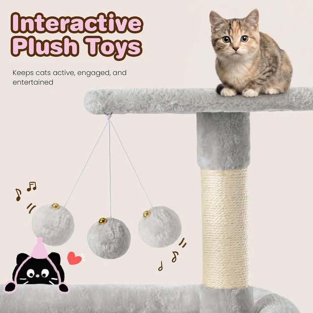 Alt view image 4 of 7 - 82 inch Cat Tree Tower, Multi-Level Cat Condo with Plush Perches, Sisal Scratching Posts, Hammock and Toys, Stable Cat Tower for Kittens and Adult Cats, Grey