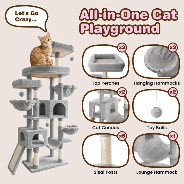Alt view image 3 of 7 - 82 inch Cat Tree Tower, Multi-Level Cat Condo with Plush Perches, Sisal Scratching Posts, Hammock and Toys, Stable Cat Tower for Kittens and Adult Cats, Grey