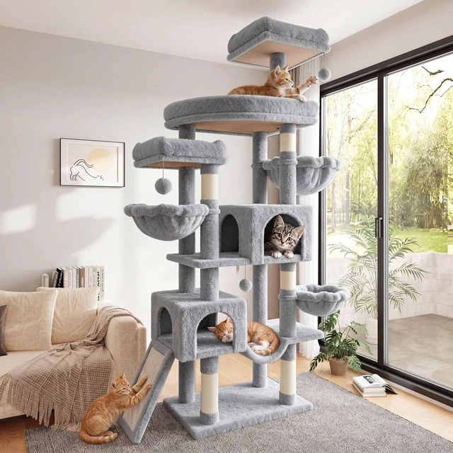Main image of 82 inch Cat Tree Tower, Multi-Level Cat Condo with Plush Perches, Sisal Scratching Posts, Hammock and Toys, Stable Cat Tower for Kittens and Adult Cats, Grey
