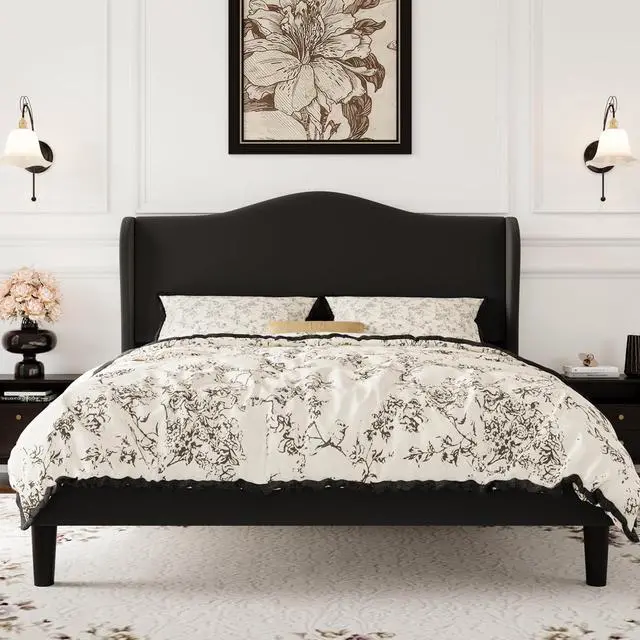Main image of Queen Size Velvet Platform Bed Frame with Elegant Wingback Headboard, Modern & Luxurious Design, Sturdy Wooden Slats, No Box Spring Required, Easy Assembly, Noise-Free, Soft Black