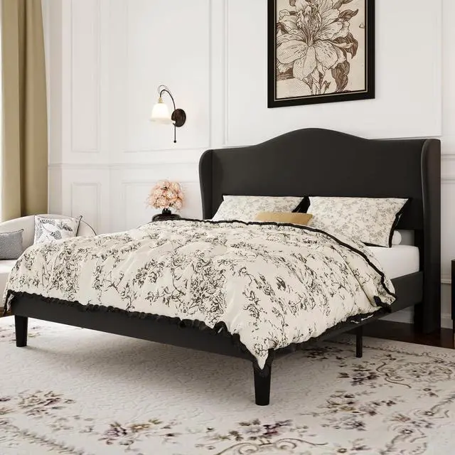 Alt view image 3 of 7 - Queen Size Velvet Platform Bed Frame with Elegant Wingback Headboard, Modern & Luxurious Design, Sturdy Wooden Slats, No Box Spring Required, Easy Assembly, Noise-Free, Soft Black