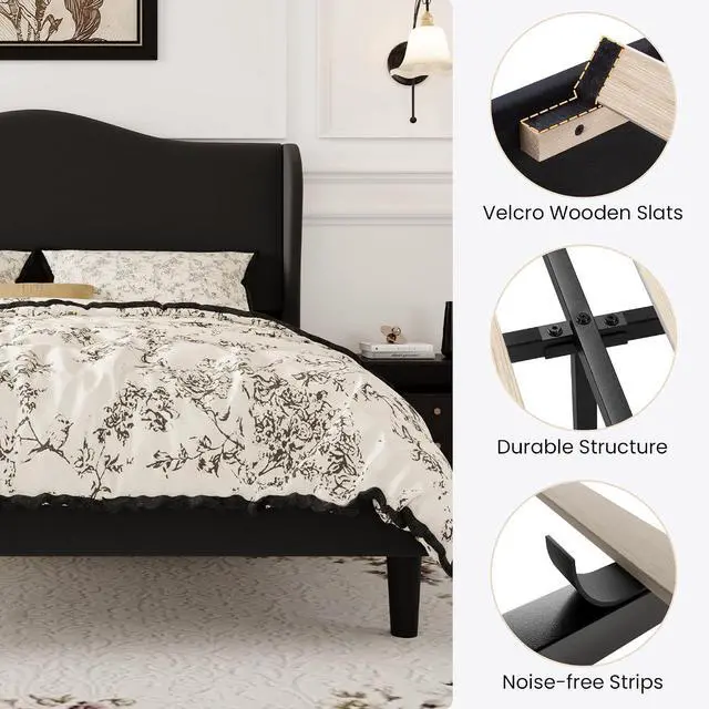 Alt view image 6 of 7 - Queen Size Velvet Platform Bed Frame with Elegant Wingback Headboard, Modern & Luxurious Design, Sturdy Wooden Slats, No Box Spring Required, Easy Assembly, Noise-Free, Soft Black