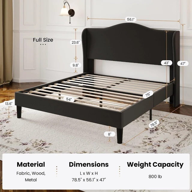 Alt view image 2 of 7 - Full Size Velvet Platform Bed Frame with Elegant Wingback Headboard, Modern & Luxurious Design, Sturdy Wooden Slats, No Box Spring Required, Easy Assembly, Noise-Free, Soft Black