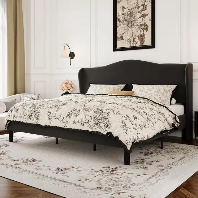 Main image of King Size Velvet Platform Bed Frame with Elegant Wingback Headboard, Modern & Luxurious Design, Sturdy Wooden Slats, No Box Spring Required, Easy Assembly, Noise-Free, Soft Black