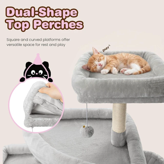 Alt view image 5 of 7 - 82 inch Cat Tree Tower, Multi-Level Cat Condo with Plush Perches, Sisal Scratching Posts, Hammock and Toys, Stable Cat Tower for Kittens and Adult Cats, Grey