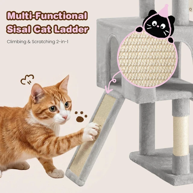 Alt view image 6 of 7 - 82 inch Cat Tree Tower, Multi-Level Cat Condo with Plush Perches, Sisal Scratching Posts, Hammock and Toys, Stable Cat Tower for Kittens and Adult Cats, Grey