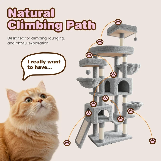 Alt view image 7 of 7 - 82 inch Cat Tree Tower, Multi-Level Cat Condo with Plush Perches, Sisal Scratching Posts, Hammock and Toys, Stable Cat Tower for Kittens and Adult Cats, Grey