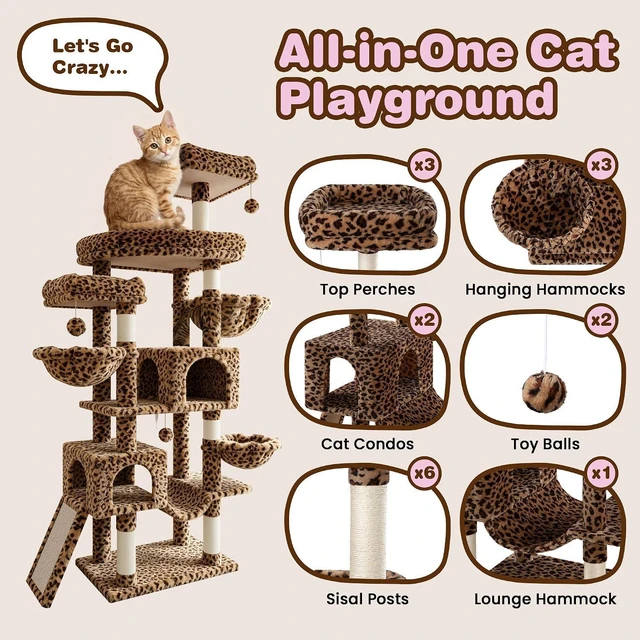 Alt view image 3 of 7 - 82 inch Cat Tree Tower, Multi-Level Cat Condo with Plush Perches, Sisal Scratching Posts, Hammock and Toys, Stable Cat Tower for Kittens and Adult Cats, Leopard Print