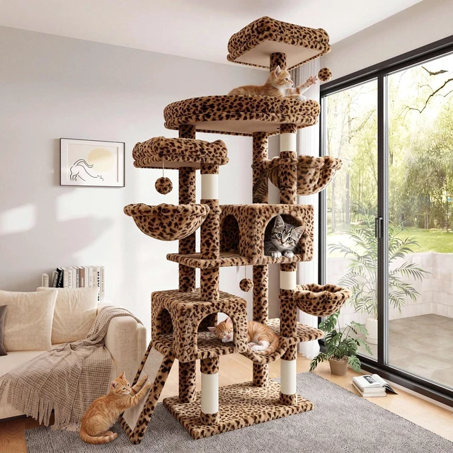 Main image of 82 inch Cat Tree Tower, Multi-Level Cat Condo with Plush Perches, Sisal Scratching Posts, Hammock and Toys, Stable Cat Tower for Kittens and Adult Cats, Leopard Print