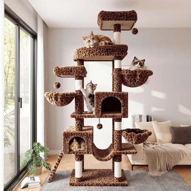 Alt view image 2 of 7 - 82 inch Cat Tree Tower, Multi-Level Cat Condo with Plush Perches, Sisal Scratching Posts, Hammock and Toys, Stable Cat Tower for Kittens and Adult Cats, Leopard Print