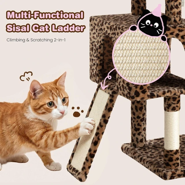 Alt view image 6 of 7 - 82 inch Cat Tree Tower, Multi-Level Cat Condo with Plush Perches, Sisal Scratching Posts, Hammock and Toys, Stable Cat Tower for Kittens and Adult Cats, Leopard Print
