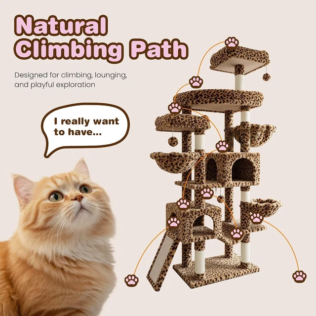 Alt view image 7 of 7 - 82 inch Cat Tree Tower, Multi-Level Cat Condo with Plush Perches, Sisal Scratching Posts, Hammock and Toys, Stable Cat Tower for Kittens and Adult Cats, Leopard Print