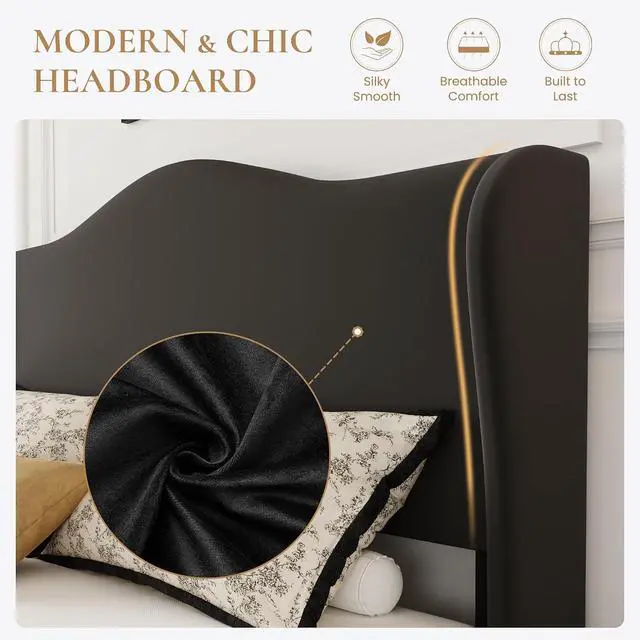 Alt view image 4 of 7 - Queen Size Velvet Platform Bed Frame with Elegant Wingback Headboard, Modern & Luxurious Design, Sturdy Wooden Slats, No Box Spring Required, Easy Assembly, Noise-Free, Soft Black