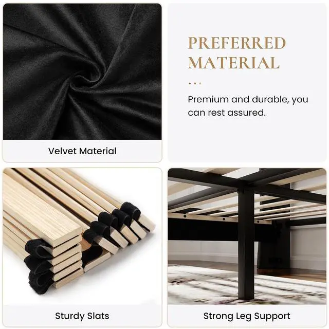 Alt view image 7 of 7 - Queen Size Velvet Platform Bed Frame with Elegant Wingback Headboard, Modern & Luxurious Design, Sturdy Wooden Slats, No Box Spring Required, Easy Assembly, Noise-Free, Soft Black