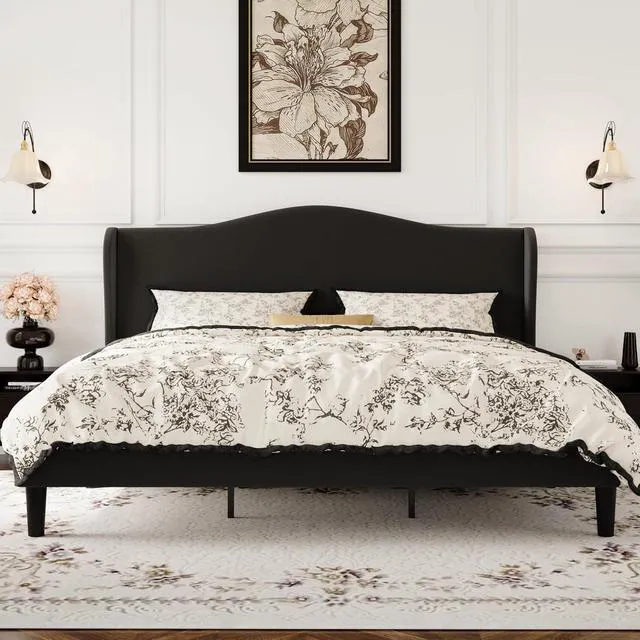 Alt view image 2 of 7 - King Size Velvet Platform Bed Frame with Elegant Wingback Headboard, Modern & Luxurious Design, Sturdy Wooden Slats, No Box Spring Required, Easy Assembly, Noise-Free, Soft Black