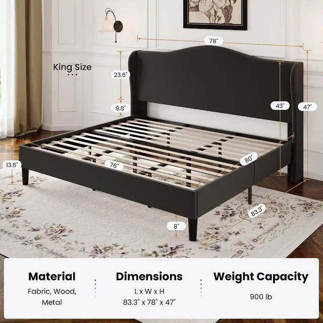 Alt view image 3 of 7 - King Size Velvet Platform Bed Frame with Elegant Wingback Headboard, Modern & Luxurious Design, Sturdy Wooden Slats, No Box Spring Required, Easy Assembly, Noise-Free, Soft Black