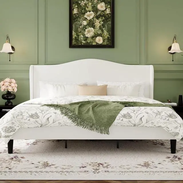Main image of King Size Velvet Platform Bed Frame with Elegant Wingback Headboard, Modern & Luxurious Design, Sturdy Wooden Slats, No Box Spring Required, Easy Assembly, Noise-Free, Soft White