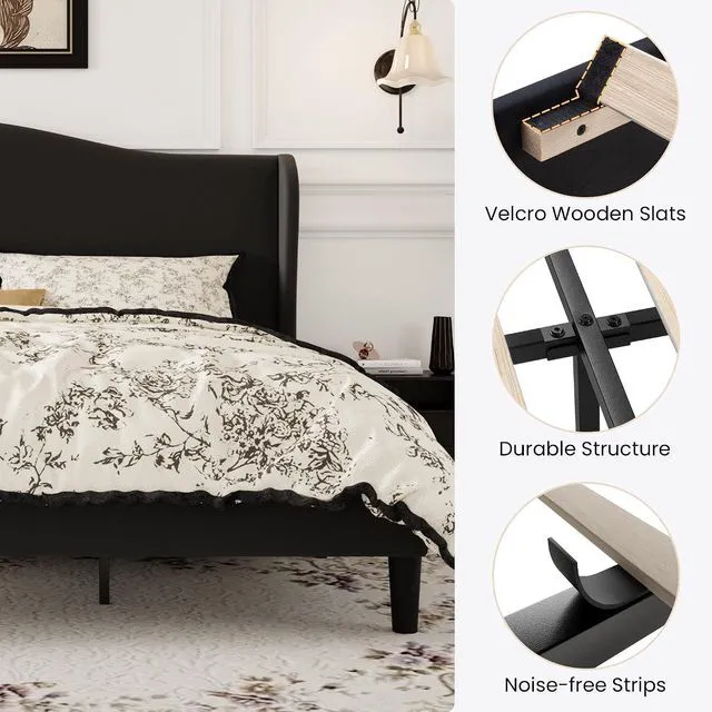 Alt view image 5 of 7 - King Size Velvet Platform Bed Frame with Elegant Wingback Headboard, Modern & Luxurious Design, Sturdy Wooden Slats, No Box Spring Required, Easy Assembly, Noise-Free, Soft Black