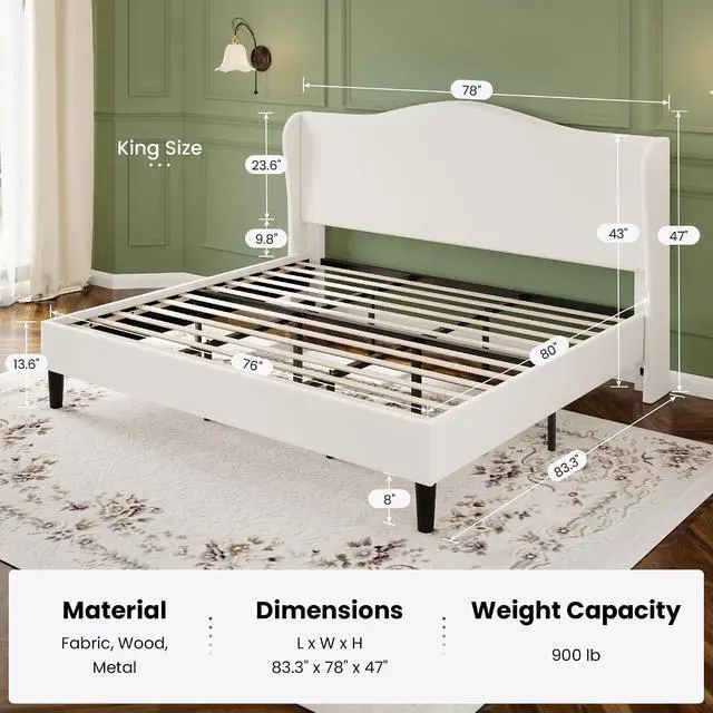 Alt view image 2 of 7 - King Size Velvet Platform Bed Frame with Elegant Wingback Headboard, Modern & Luxurious Design, Sturdy Wooden Slats, No Box Spring Required, Easy Assembly, Noise-Free, Soft White