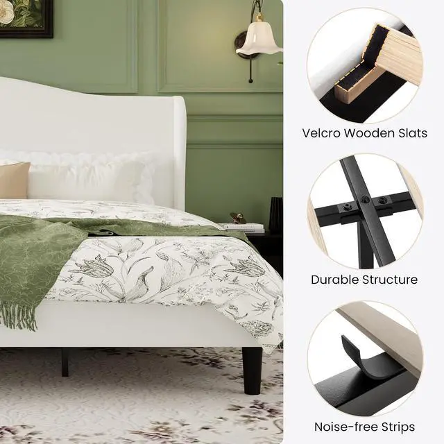 Alt view image 4 of 7 - King Size Velvet Platform Bed Frame with Elegant Wingback Headboard, Modern & Luxurious Design, Sturdy Wooden Slats, No Box Spring Required, Easy Assembly, Noise-Free, Soft White