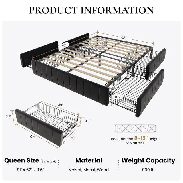 Alt view image 2 of 7 - Queen Size Velvet Upholstered Platform Bed Frame with 4 Storage Drawers, Vertical Channel Tufted, Low Profile, Fits Standard Headboards, Wooden Slats Support, Easy Assembly, Black