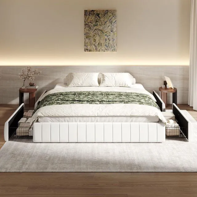 Main image of King Size Velvet Upholstered Platform Bed Frame with 4 Storage Drawers, Vertical Channel Tufted, Low Profile, Fits Standard Headboards, Wooden Slats Support, Easy Assembly, White