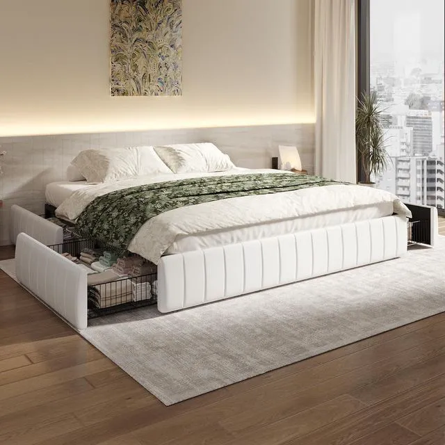 Alt view image 3 of 7 - King Size Velvet Upholstered Platform Bed Frame with 4 Storage Drawers, Vertical Channel Tufted, Low Profile, Fits Standard Headboards, Wooden Slats Support, Easy Assembly, White