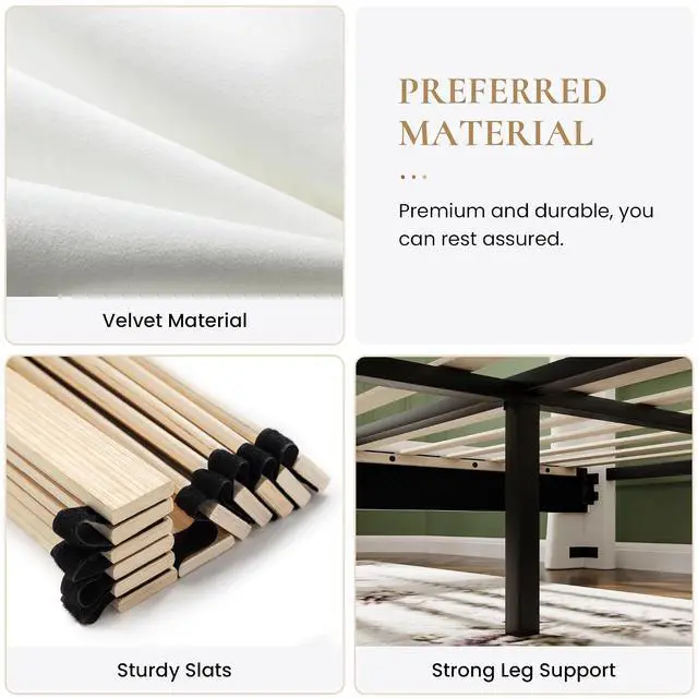 Alt view image 6 of 7 - King Size Velvet Platform Bed Frame with Elegant Wingback Headboard, Modern & Luxurious Design, Sturdy Wooden Slats, No Box Spring Required, Easy Assembly, Noise-Free, Soft White