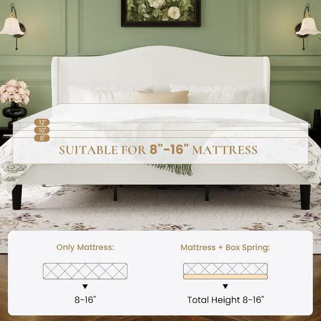 Alt view image 7 of 7 - King Size Velvet Platform Bed Frame with Elegant Wingback Headboard, Modern & Luxurious Design, Sturdy Wooden Slats, No Box Spring Required, Easy Assembly, Noise-Free, Soft White