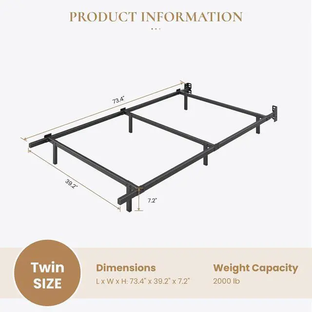 Alt view image 2 of 7 - 7 Inch Metal Bed Frame, 6-Leg Box Spring Base for Mattress Set, Headboard Compatible, Black, Twin