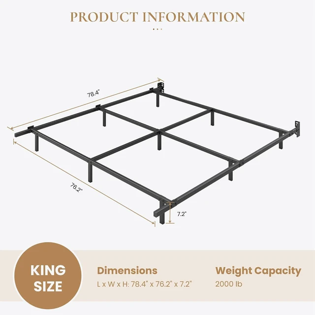 Alt view image 2 of 7 - 7 Inch Metal Bed Frame, 9-Leg Box Spring Base for Mattress Set, Headboard Compatible, Black, King