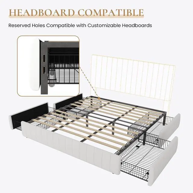 Alt view image 7 of 7 - King Size Velvet Upholstered Platform Bed Frame with 4 Storage Drawers, Vertical Channel Tufted, Low Profile, Fits Standard Headboards, Wooden Slats Support, Easy Assembly, White