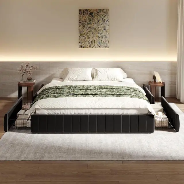 Main image of King Size Velvet Upholstered Platform Bed Frame with 4 Storage Drawers, Vertical Channel Tufted, Low Profile, Fits Standard Headboards, Wooden Slats Support, Easy Assembly, Black