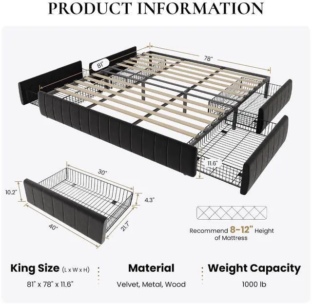 Alt view image 2 of 7 - King Size Velvet Upholstered Platform Bed Frame with 4 Storage Drawers, Vertical Channel Tufted, Low Profile, Fits Standard Headboards, Wooden Slats Support, Easy Assembly, Black