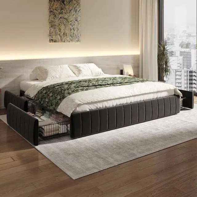 Alt view image 3 of 7 - King Size Velvet Upholstered Platform Bed Frame with 4 Storage Drawers, Vertical Channel Tufted, Low Profile, Fits Standard Headboards, Wooden Slats Support, Easy Assembly, Black