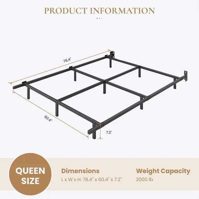 Alt view image 2 of 7 - 7 Inch Metal Bed Frame, 9-Leg Box Spring Base for Mattress Set, Headboard Compatible, Black, Queen