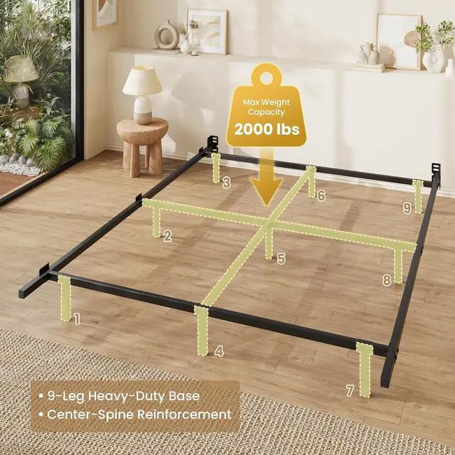 Alt view image 4 of 7 - 7 Inch Metal Bed Frame, 9-Leg Box Spring Base for Mattress Set, Headboard Compatible, Black, Queen