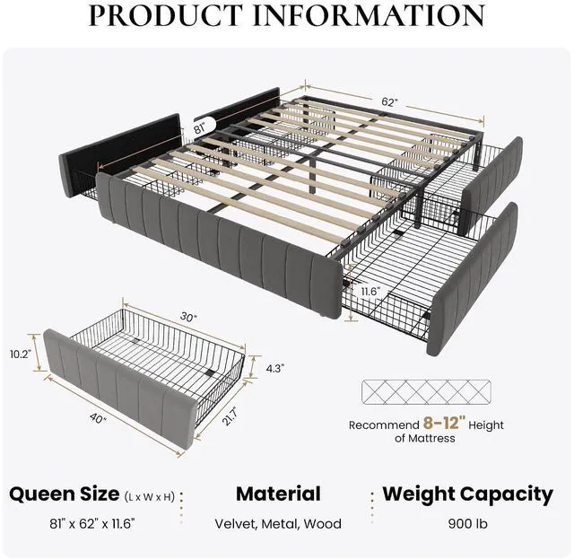 Alt view image 2 of 7 - Queen Size Velvet Upholstered Platform Bed Frame with 4 Storage Drawers, Vertical Channel Tufted, Low Profile, Fits Standard Headboards, Wooden Slats Support, Easy Assembly, Grey