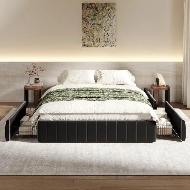Main image of Queen Size Velvet Upholstered Platform Bed Frame with 4 Storage Drawers, Vertical Channel Tufted, Low Profile, Fits Standard Headboards, Wooden Slats Support, Easy Assembly, Black