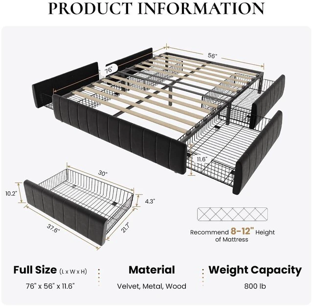 Alt view image 2 of 7 - Full Size Velvet Upholstered Platform Bed Frame with 4 Storage Drawers, Vertical Channel Tufted, Low Profile, Fits Standard Headboards, Wooden Slats Support, Easy Assembly, Black